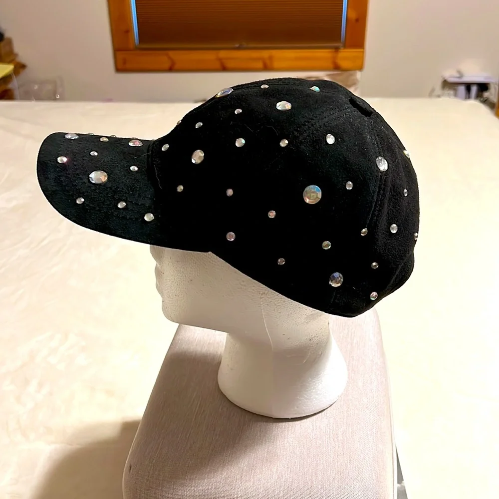 Black Suede Rhinestone Studded Baseball Cap. NWOT. One size fits all. Leather.